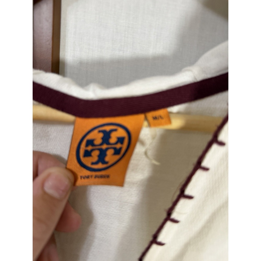 Tory Burch Woven Cotton Hooded Poncho Cover Up Ivory Burgundy Fringe Indie Beach - Picture 3 of 10